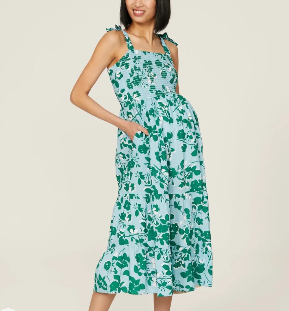 Seraphine Teal Floral Midi Maternity Nap Dress SMALL Nap Smocked Cottage $80